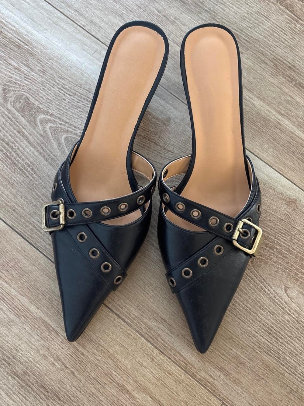 Zara Black Pointed Slide Mules with Gold Buckles